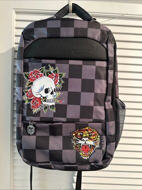 NWT Ed Hardy Sateen Black & Gray Ex-Large Backpack with multiple compartments.